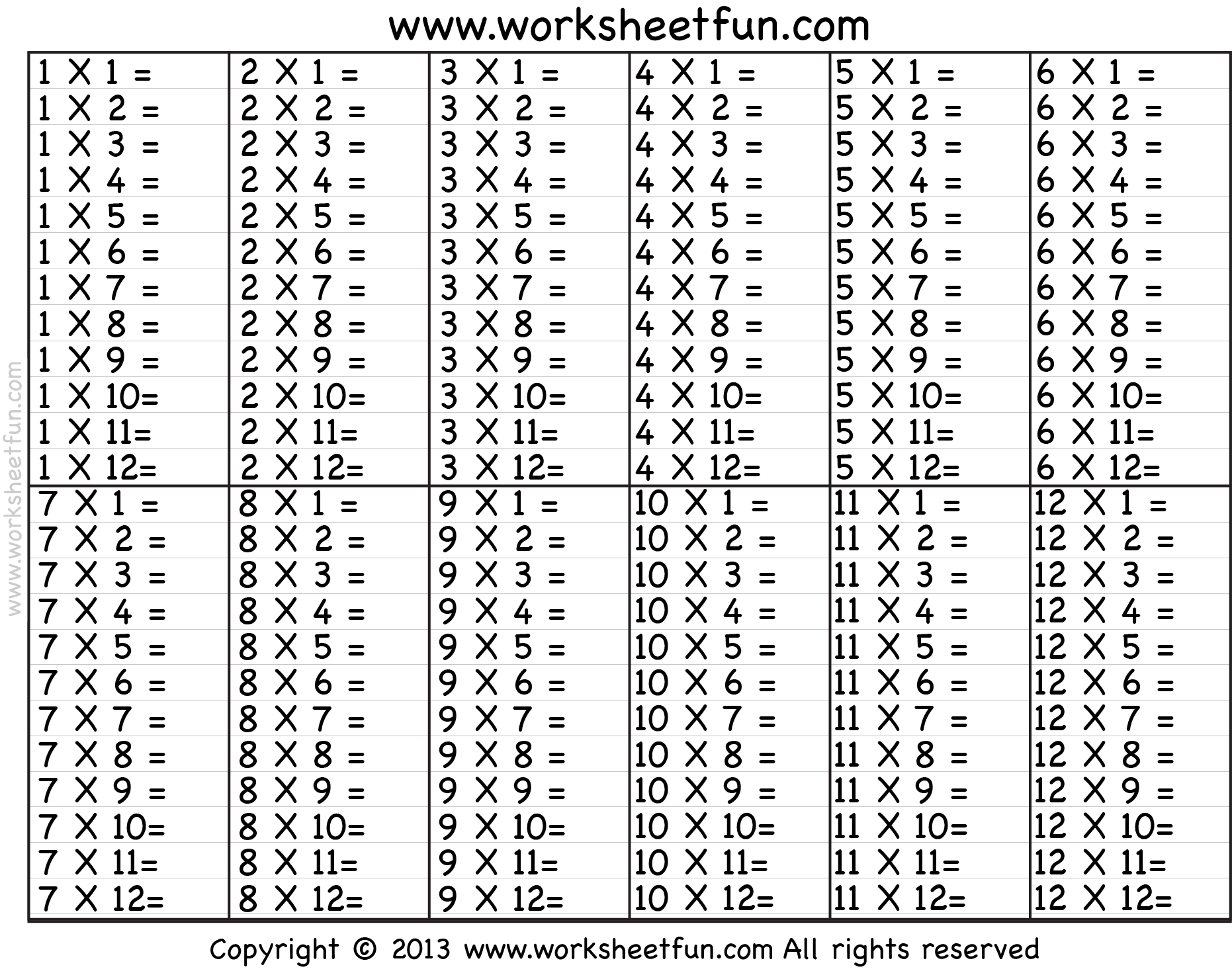 Times Table - 2-12 Worksheets - 1, 2, 3, 4, 5, 6, 7, 8, 9, 10, 11 ...