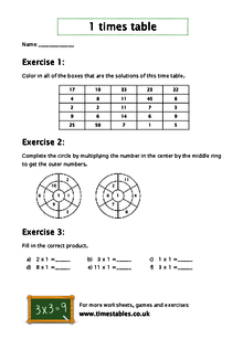 Free 1 times table worksheets at Timestables.co.uk