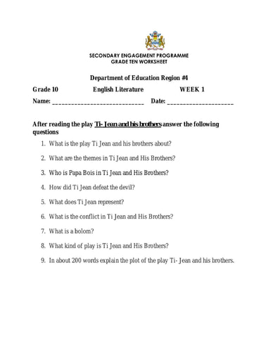 Grade 10 - Worksheets - English Literature