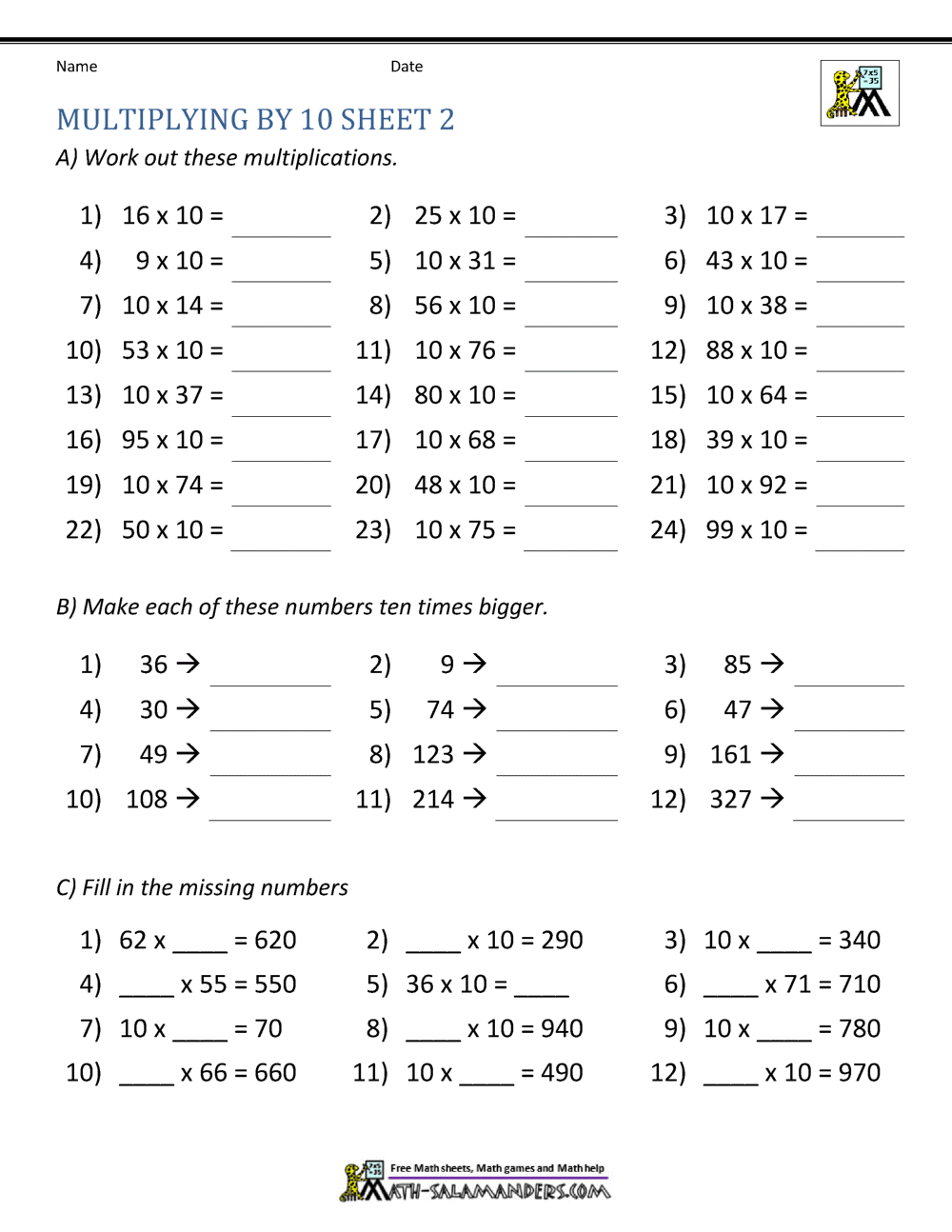 Multiplying by 10 and 100 Worksheets