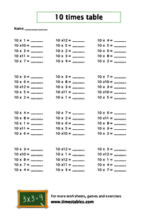 Free 10 times table worksheets at Timestables.com