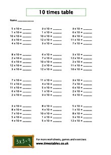 Free 10 times table worksheets at Timestables.co.uk