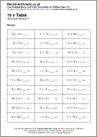 10 x Table Worksheets - Free Printable PDF