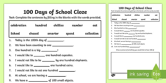 100 day of school worksheet
