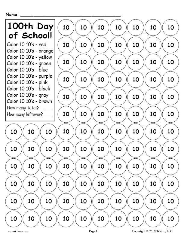 100 days of school printables