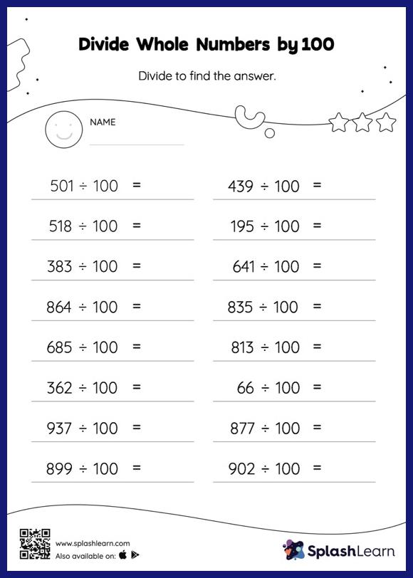 Divide Whole Numbers by 100: Horizontal Division - Math Worksheets ...