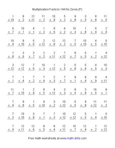 Multiplication Facts to 144 No Zeros Worksheet for 3rd - 5th Grade ...