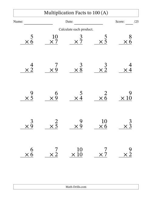 Multiplication Facts to 100 (25 Questions) (No Zeros or Ones) (A)