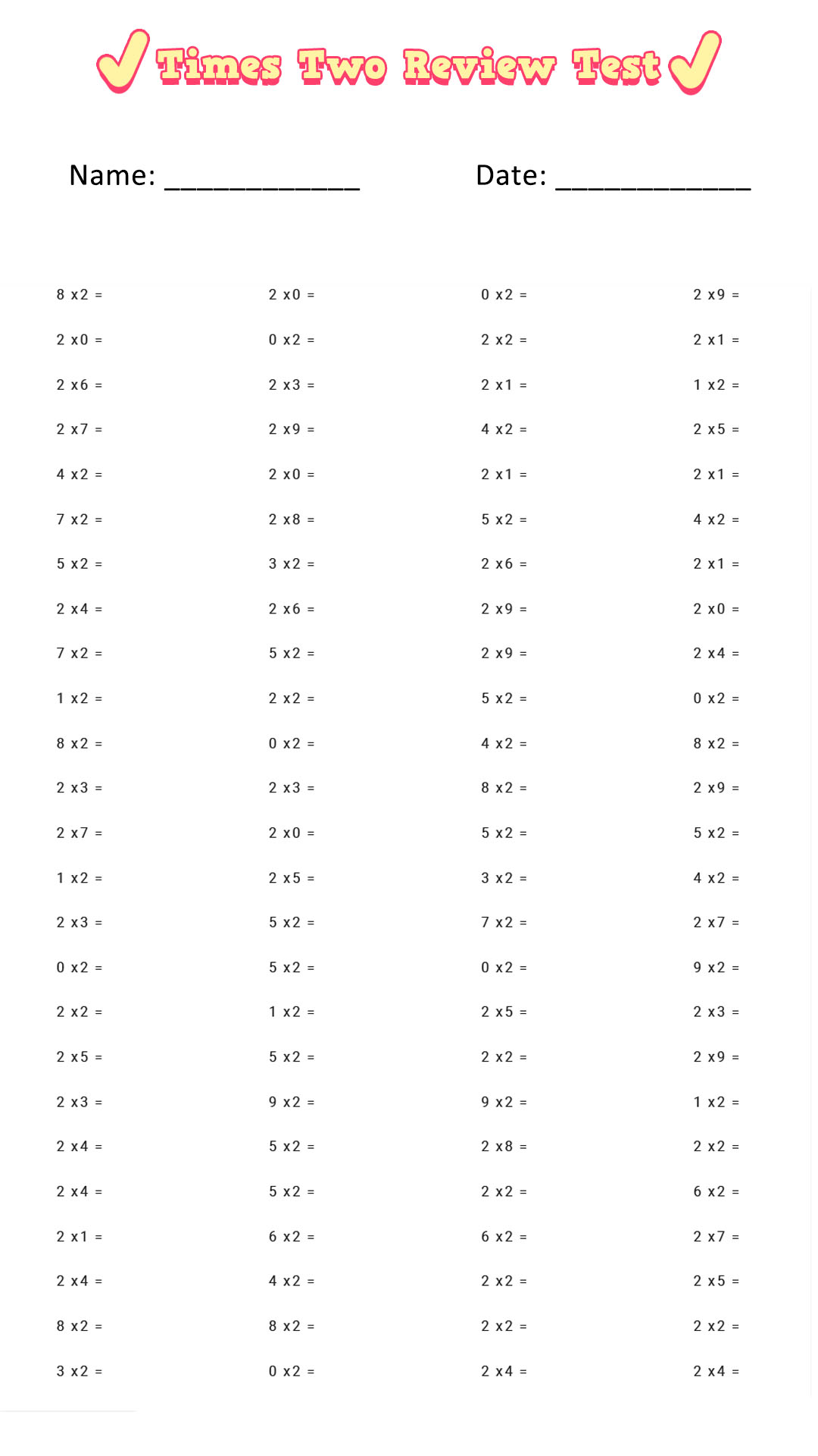 100 multiplication facts worksheet printable