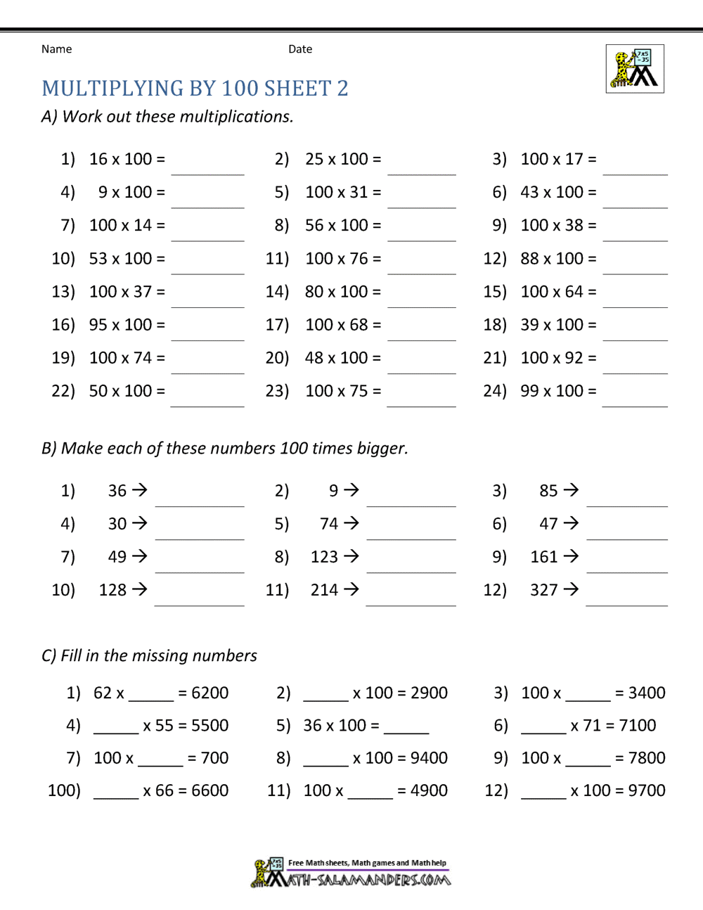 100 multiplication problems worksheet
