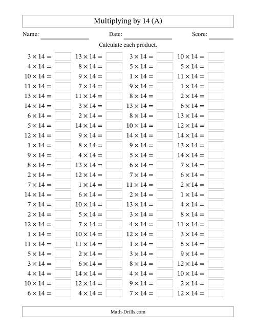 Horizontally Arranged Multiplying (1 to 14) by 14 (100 Questions) (A)