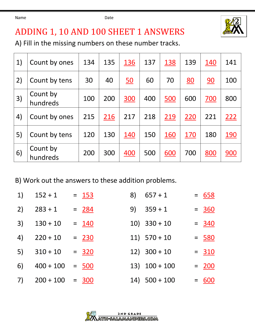 Adding 1 10 100 Worksheets