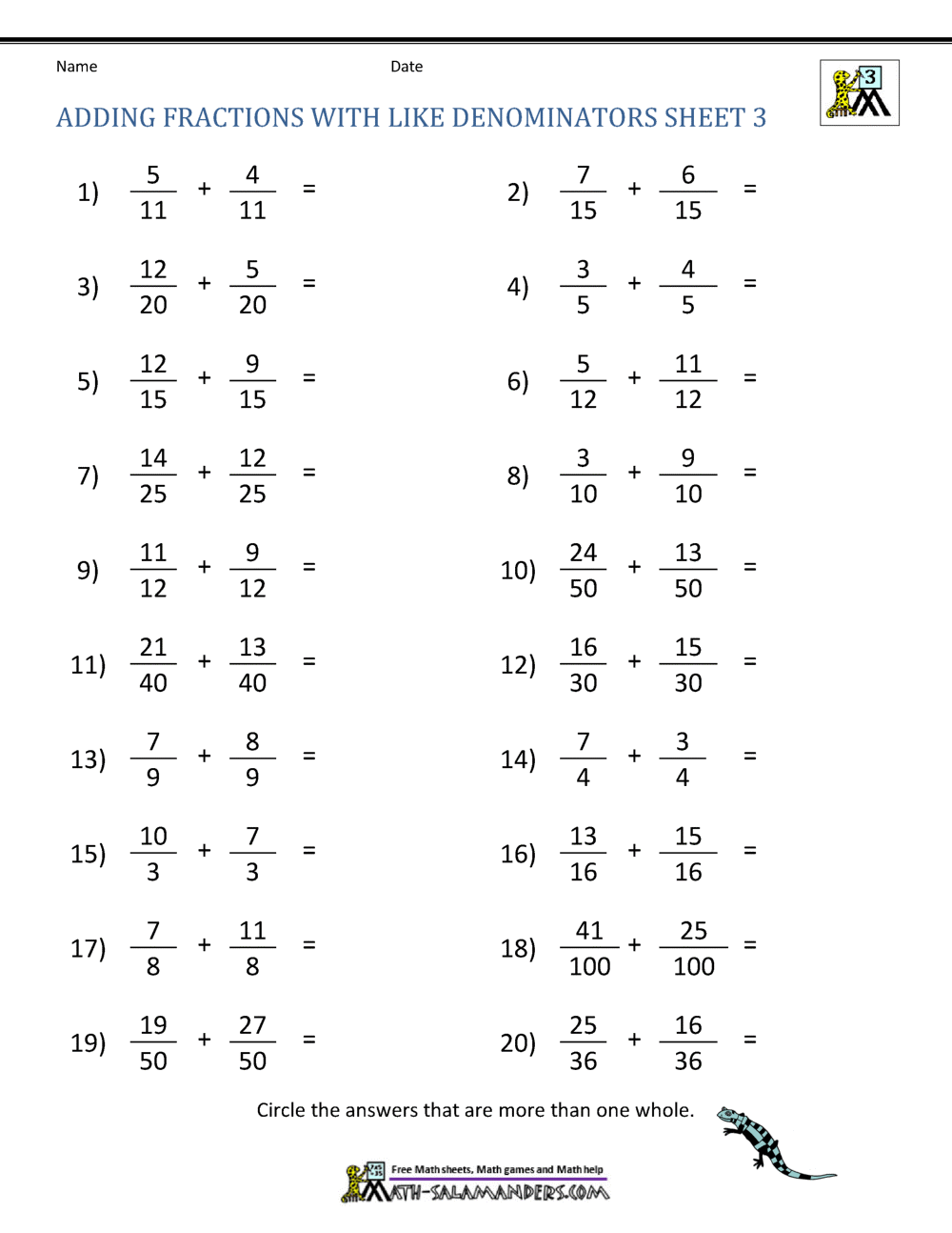 Adding Fractions With Like Denominators Worksheets