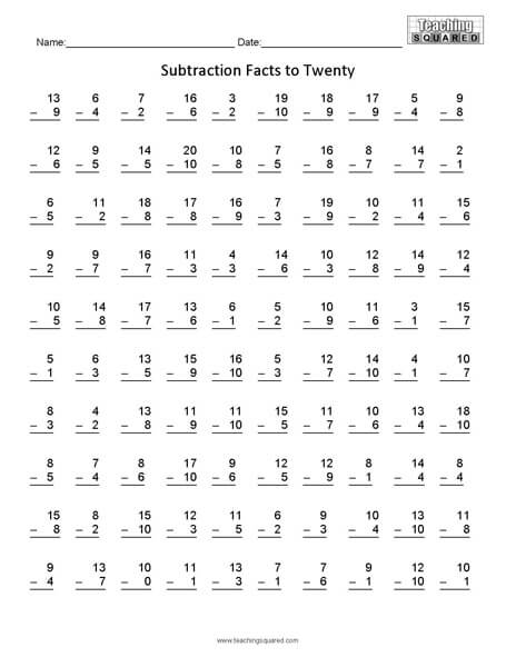 100 Subtraction Facts to 20 F - Teaching Squared