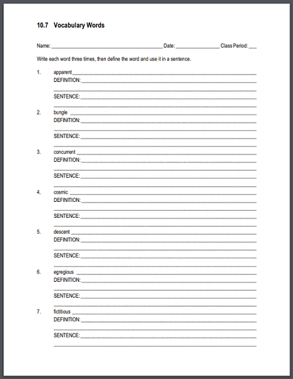 Vocabulary Terms 10.7 Sentences and Definitions Worksheet ...