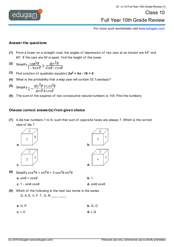 Grade 10 - Full Year 10th Grade Review | Math Practice, Questions ...