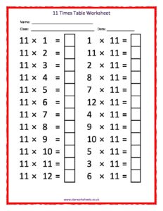 11 Times Tables Worksheet | Star Worksheets