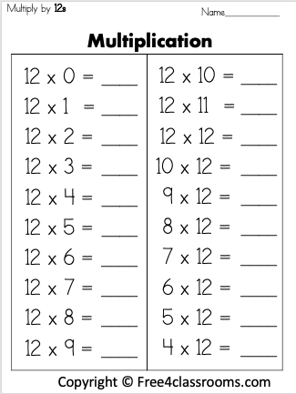 Free 3rd Grade Multiplication Math Worksheet - Multiply By 12 ...