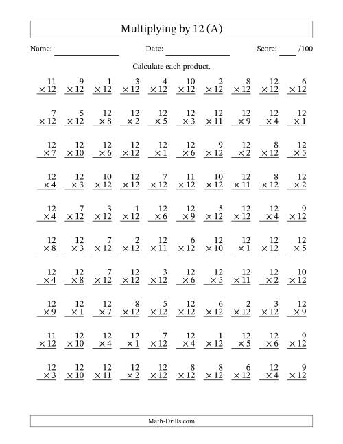 Multiplying (1 to 12) by 12 (100 Questions) (A)
