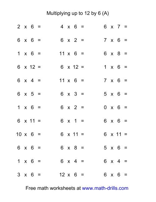 36 Horizontal Multiplication Facts Questions -- 6 by 0-12 (A)