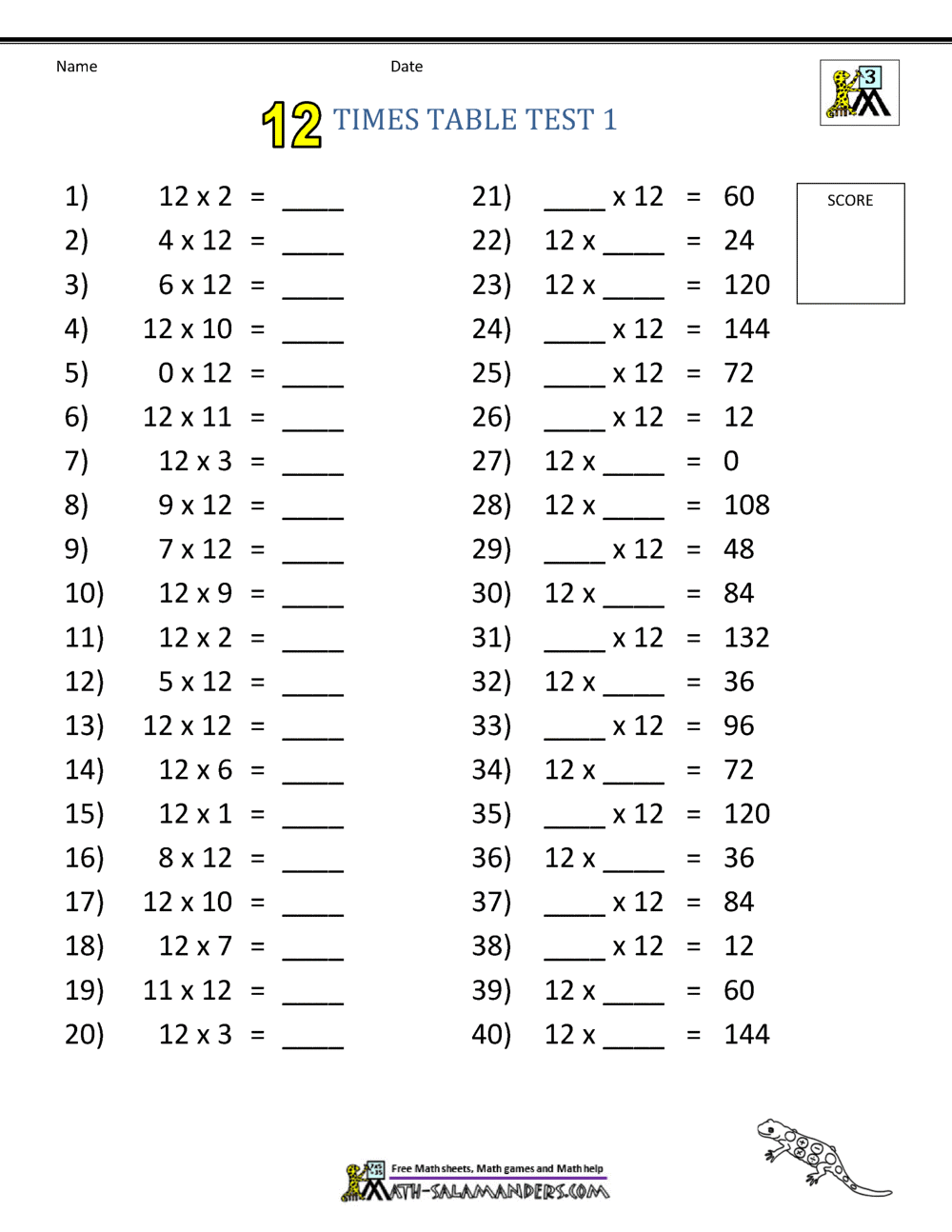 12 times table quiz printable