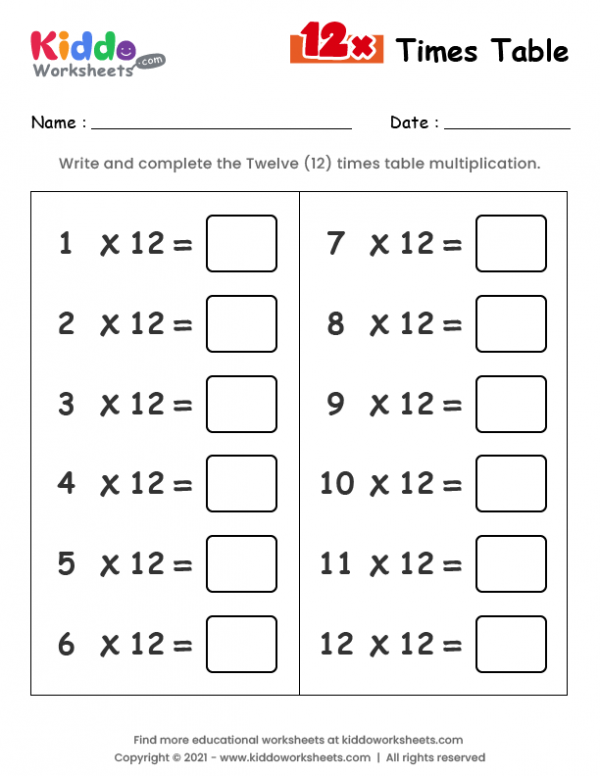 Free Printable 12 Times Table Worksheet Worksheet - kiddoworksheets