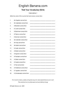 Nationalities Worksheet for 9th - 12th Grade | Lesson Planet