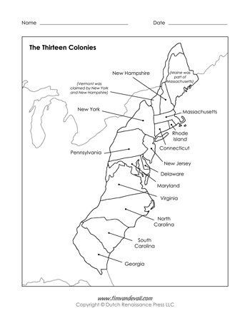 Printable 13 Colonies Map PDF - Labeled &  Blank Map - Tims Printables