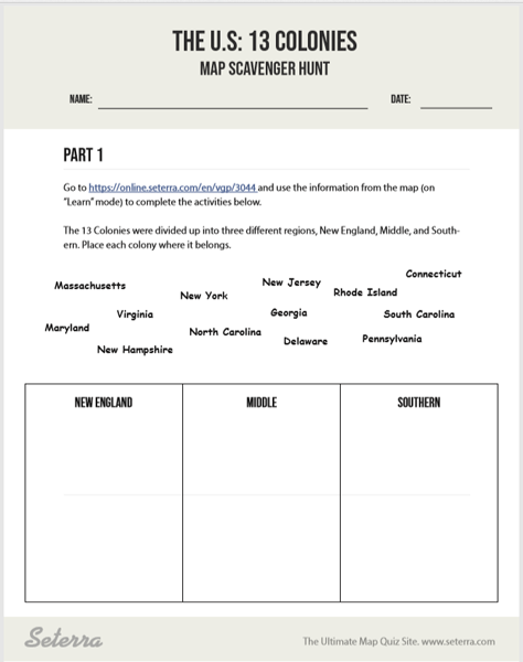 13 colonies worksheet pdf
