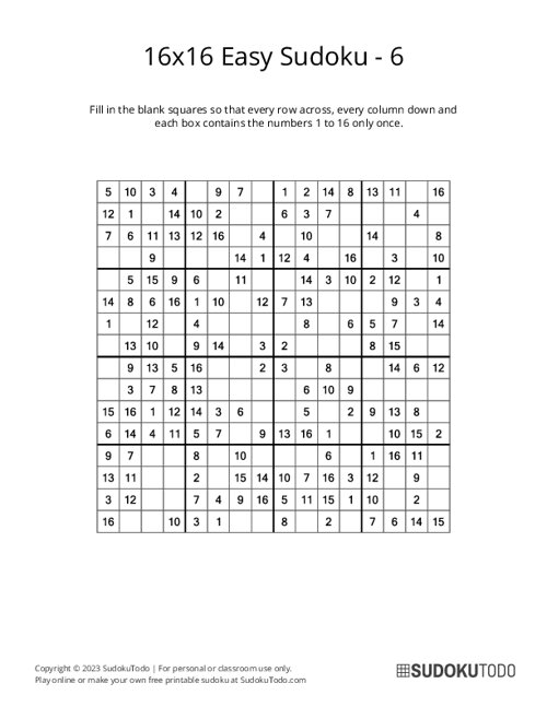 Free 16x16 Sudoku Printable Download Free 16x16 Sudoku Printable Png 