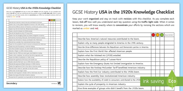 America in the 1920s Knowledge Checklist Worksheet / Worksheet