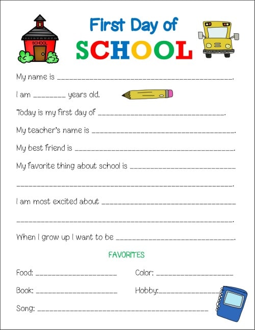 1st day of school worksheet