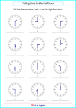 Grade 1 Whole and half hour time mesurement math school worksheets ...