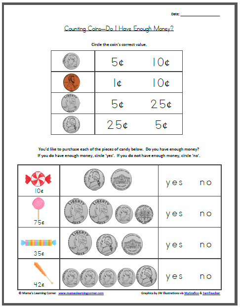 1st grade counting money worksheet