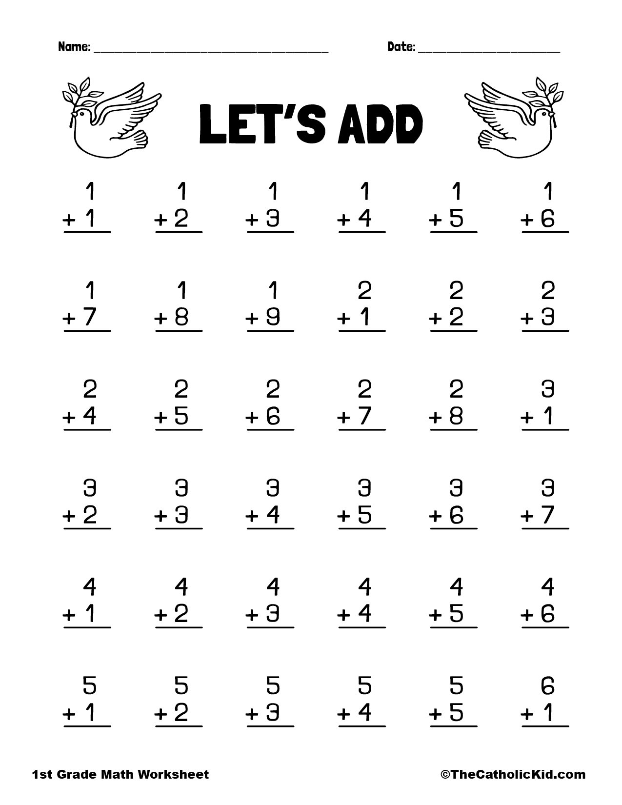 Lets Add - 1st Grade Math Worksheet Catholic Dove Themed
