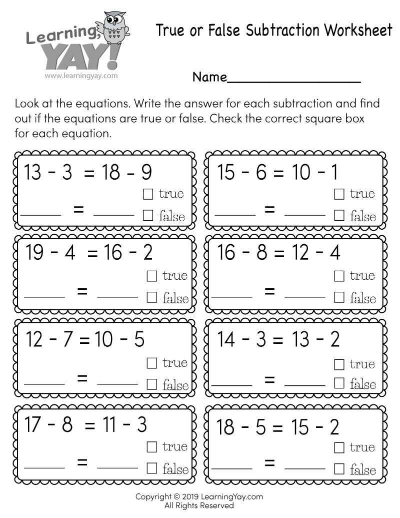 True or False Subtraction Worksheet for 1st Grade (Free Printable)