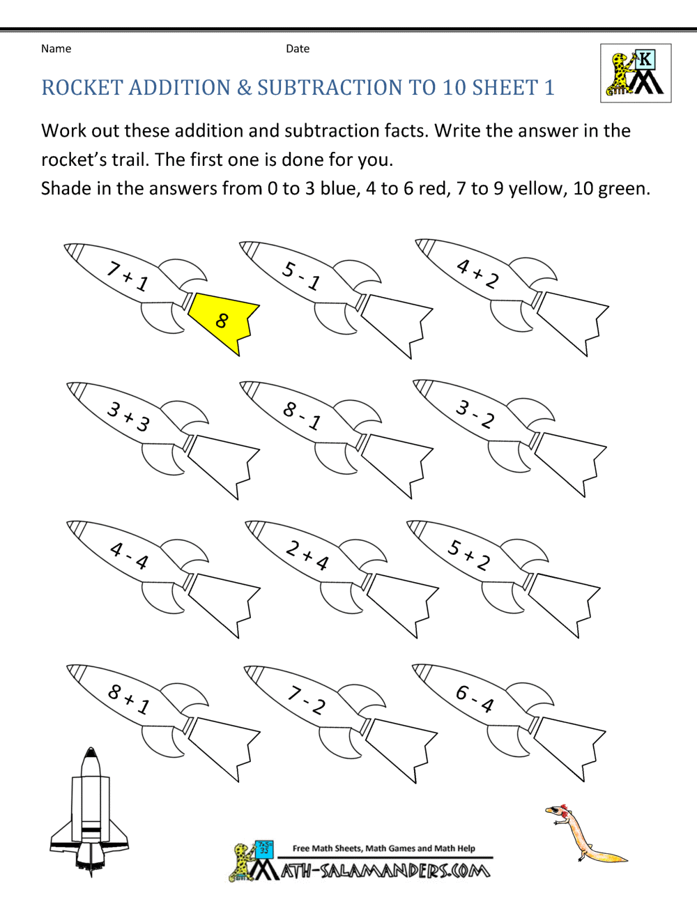 Addition Subtraction to 10 Coloring Sheets for Kindergarten
