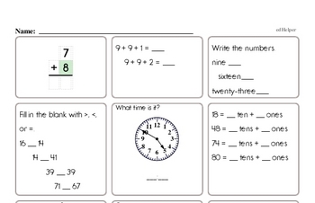 1st grade math test worksheet