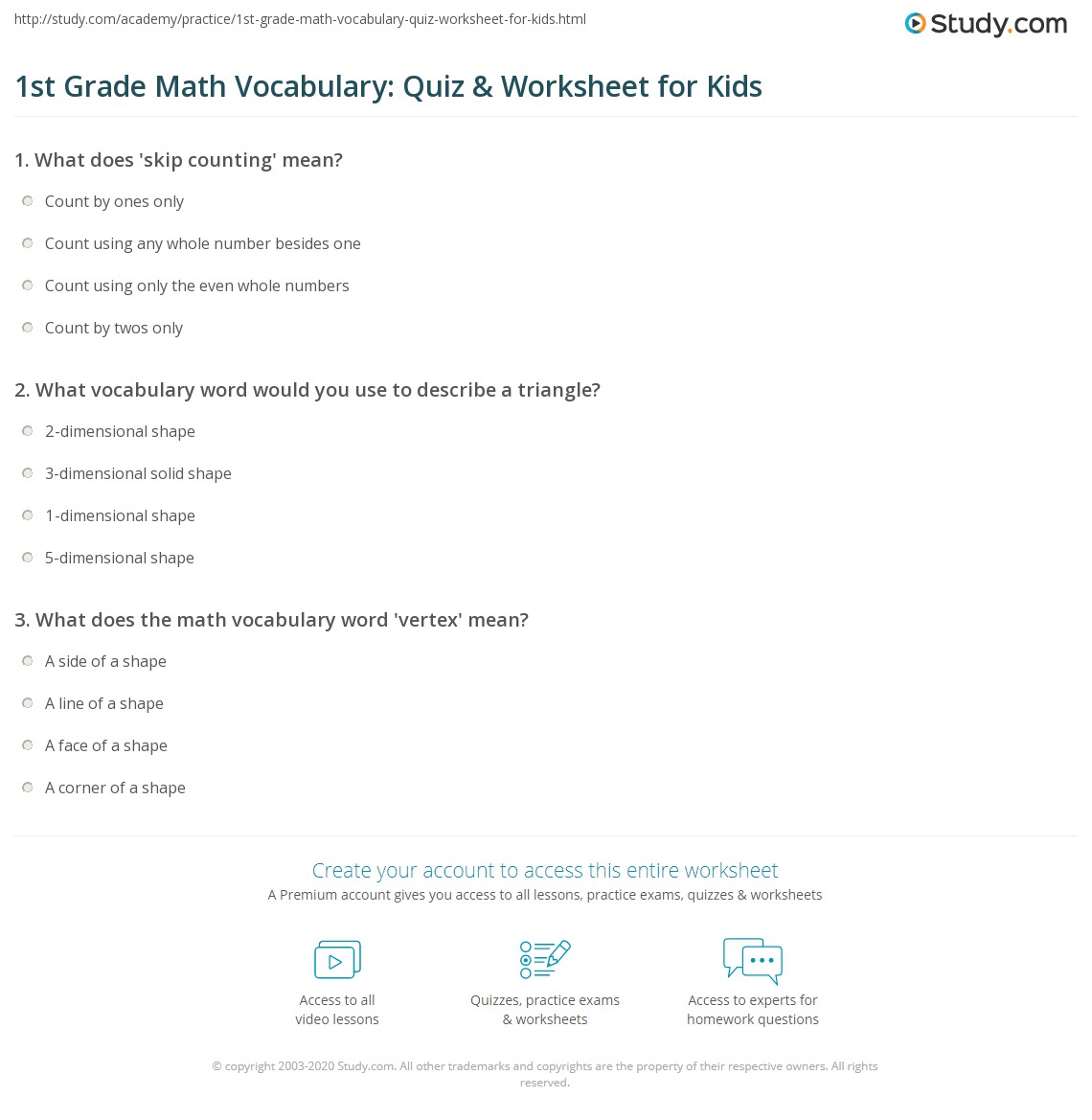 1st grade math test worksheet