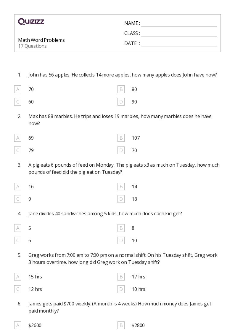 50+ Math Word Problems worksheets for 1st Grade on Quizizz Free