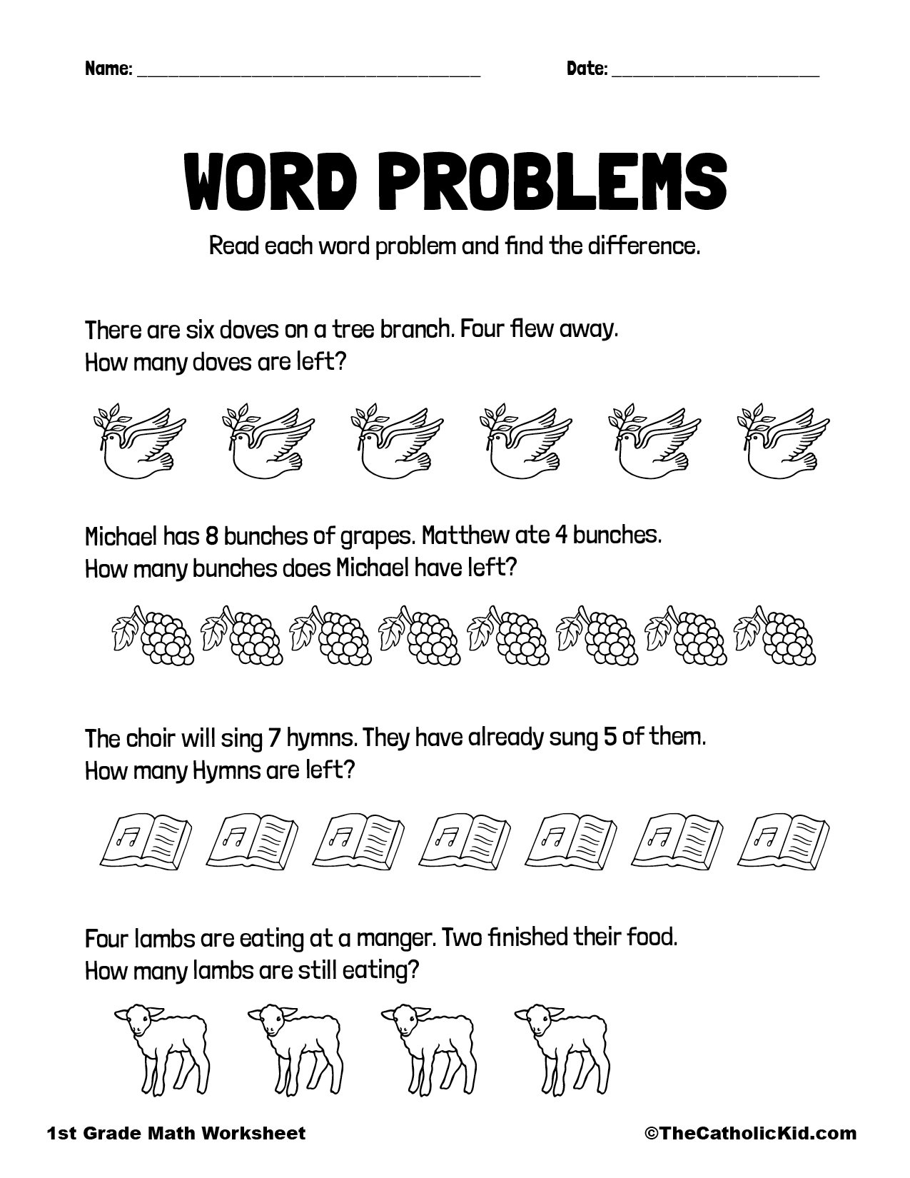 Math Word Problems - 1st Grade Math Worksheet Catholic Themed