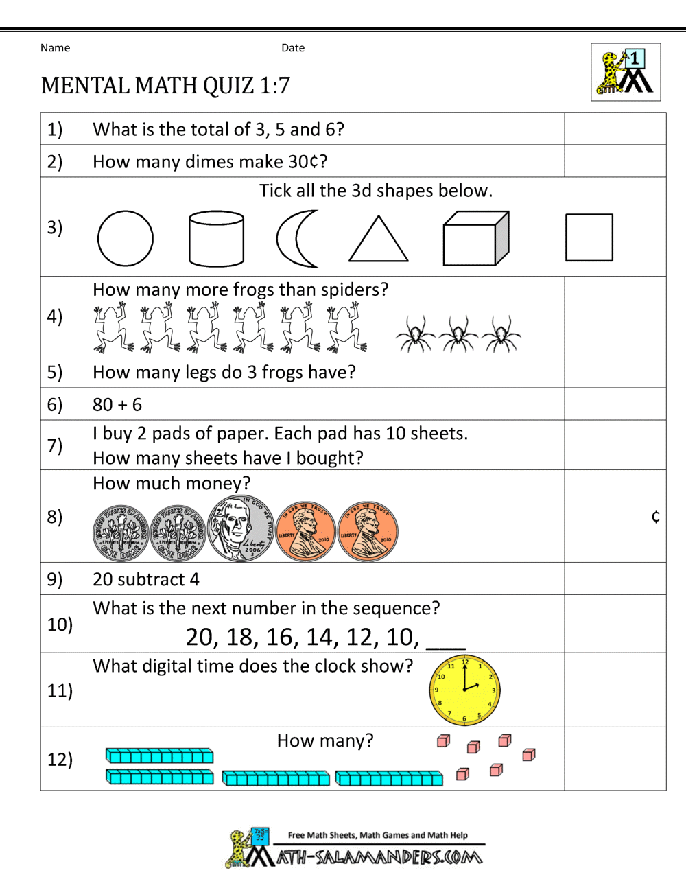 First Grade Mental Math Worksheets