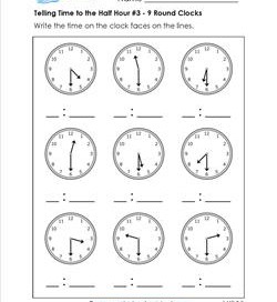 Telling Time to the Half Hour Worksheets for First Grade