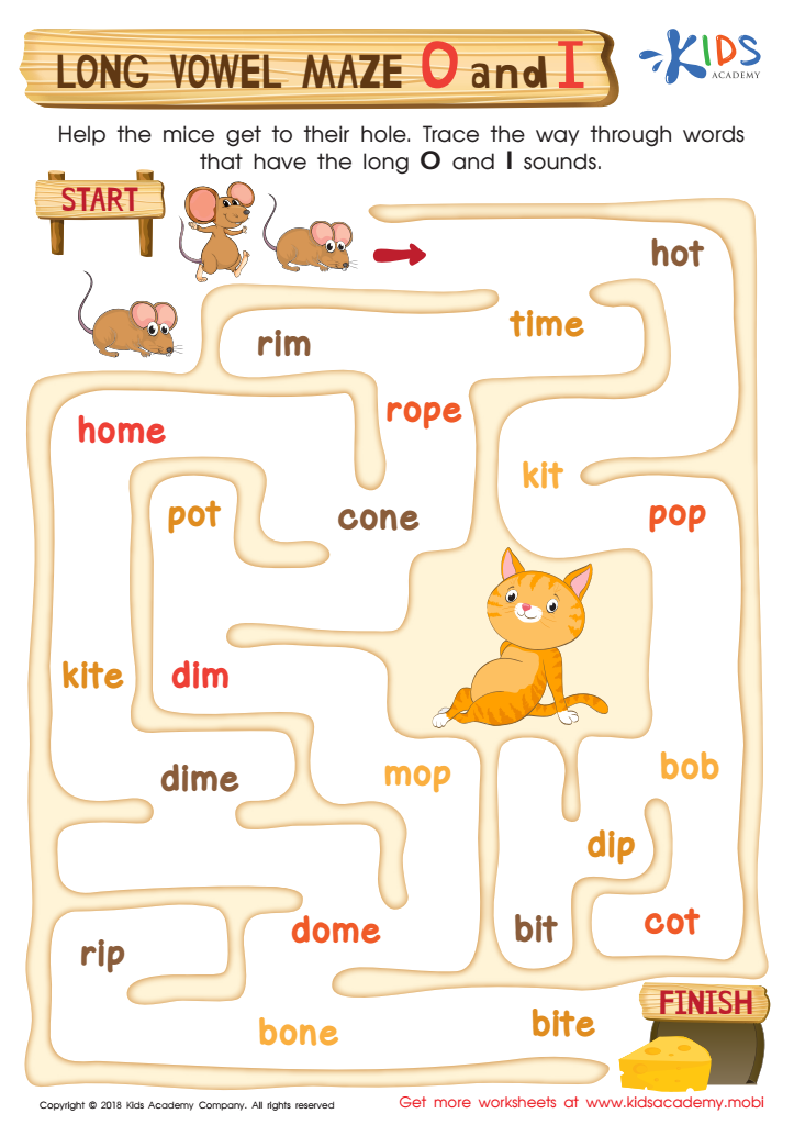 Long Vowel Maze /o/ and /i/ Worksheet: Free Printable for Kids