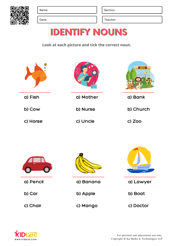 Identify Noun Worksheets for Grade 1 - Kidpid