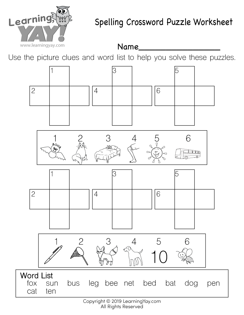 Spelling Crossword Puzzle Worksheet for 1st Grade (Free Printable)