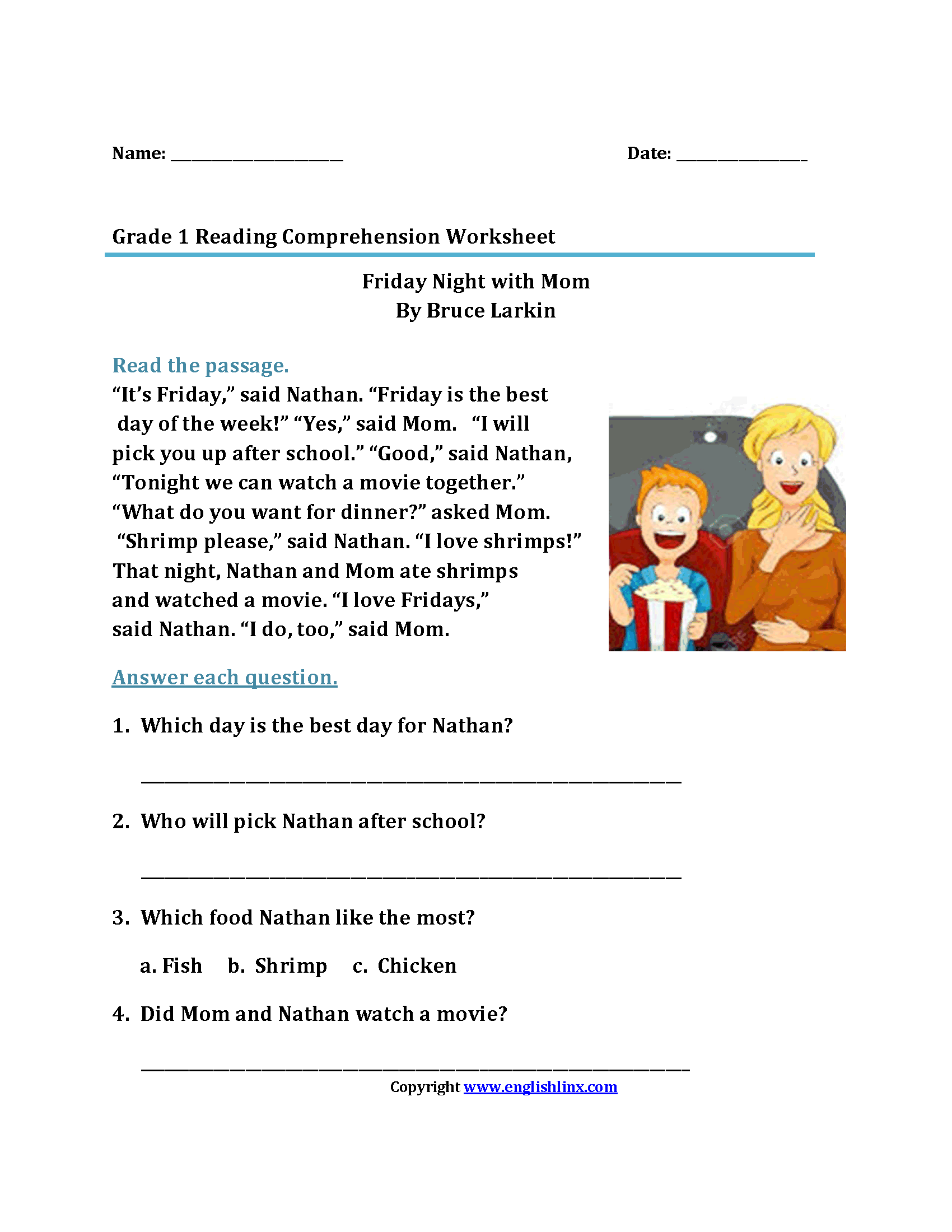 1st grade reading comprehension worksheet free