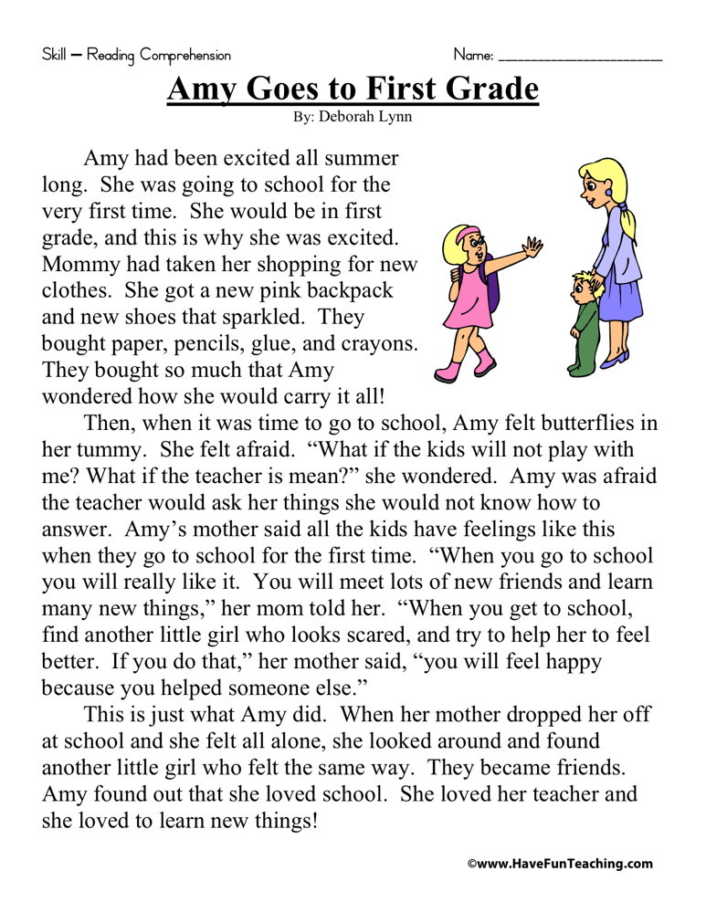 Reading Comprehension Worksheet - Amy Goes To First Grade