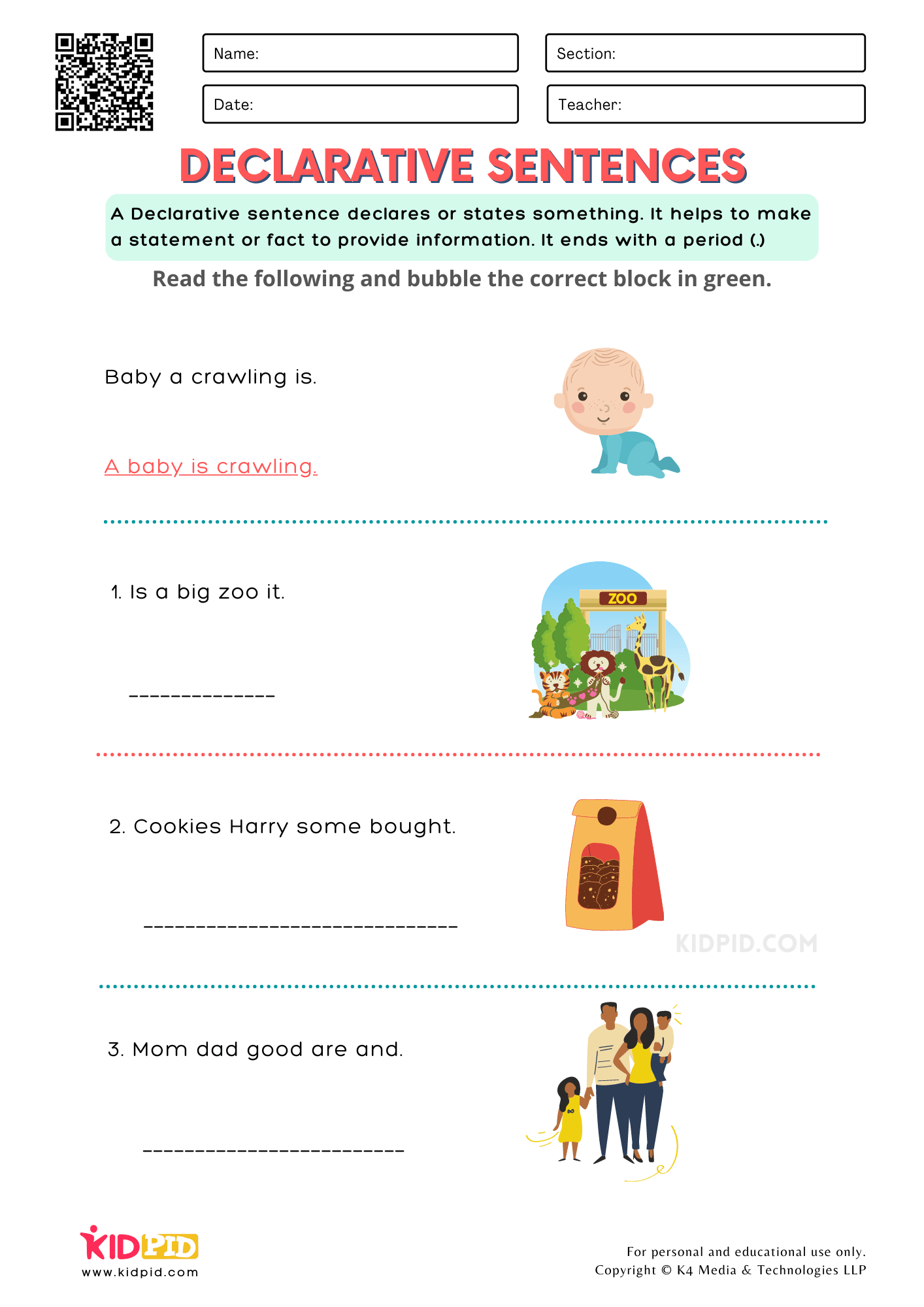 Declarative Sentence Free Printable Worksheets for Grade 1 - Kidpid