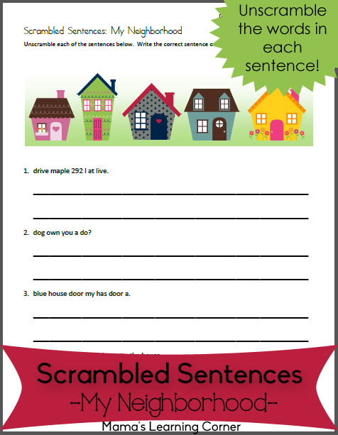 Scrambled Sentences Worksheet: My Neighborhood - Mamas Learning Corner